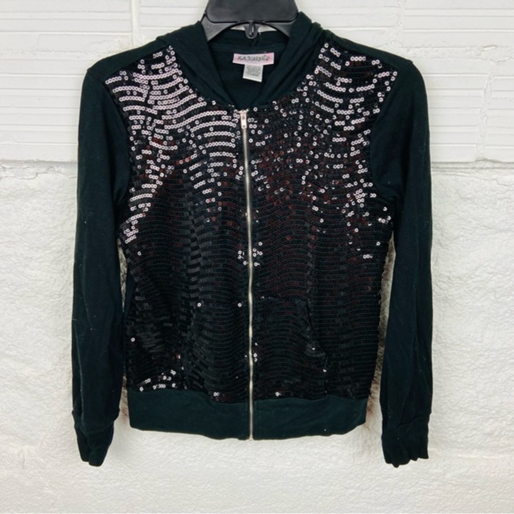 L.A. KITTY black shiny sequins full zip lightweight cotton jacket girls size XL
